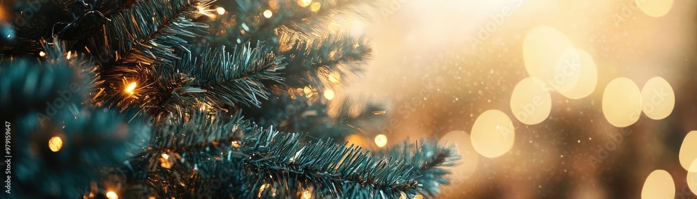 Poster a close-up of a beautifully adorned christmas tree with glowing lights and a softly blurred backgrou