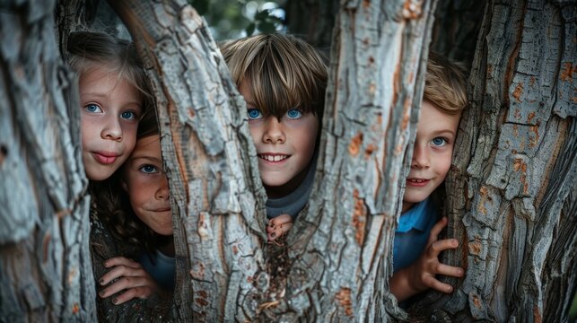 Children playing hide and seek behind large tree trunks