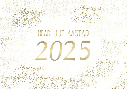 Golden text happy new year 2025 in Estonian on white background.