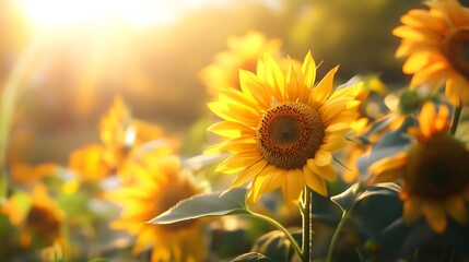 A Single Sunflower in a Field at Sunset.