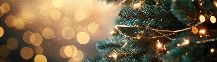 Naklejka premium Beautiful close-up of a Christmas tree branch decorated with twinkling lights and soft bokeh in the background, creating a festive mood.