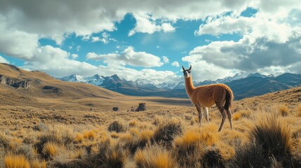 Naklejka premium Llama in a field with mountains