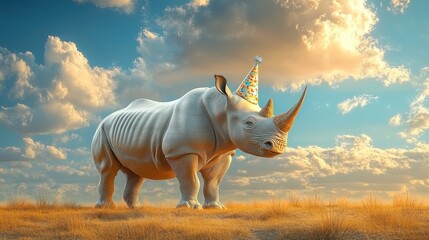Fototapeta premium Rhino with a party hat, grazing in a cartoon savannah