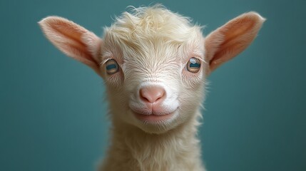 Obraz premium Close-up portrait of a white lamb with soft fur and big blue eyes looking at the camera.