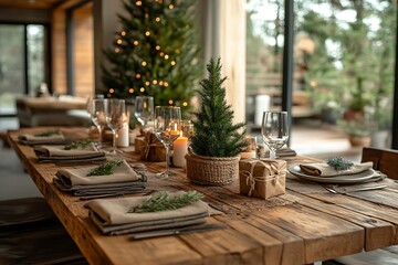 Rustic Christmas table setting with festive decor and warm lighting