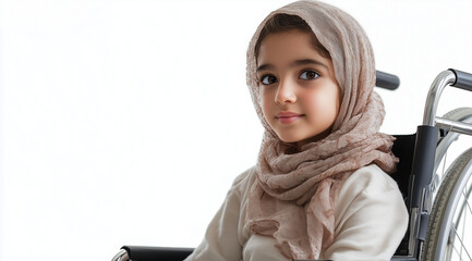 A young Arab girl in a wheelchair, isolated against a white background. 