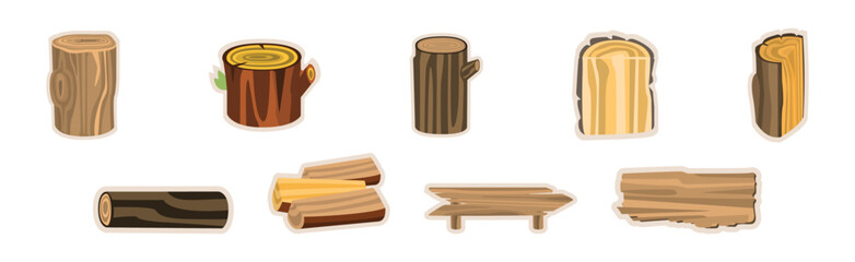 Wood and Lumber Material Sticker and Element Vector Set.