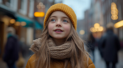 a 12 year old girl singing in the streets of Netherlands and people passing behind her, 