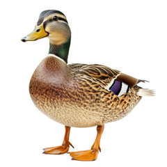 Obraz premium Full-length animal portrait of a mallard duck, isolated on a white or transparent background. Featuring brown feathers, green neck, and an alert stance perfect for wildlife and farming-themed designs.
