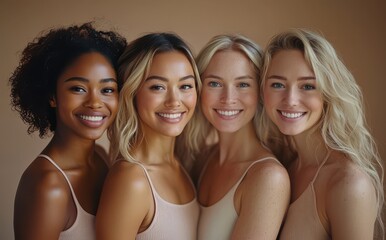Fototapeta premium Diverse group of four women smiling and showcasing radiant skin in a skincare commercial setting