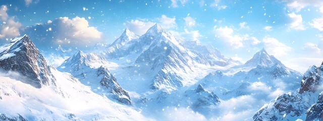 Fototapeta premium Beautiful snow-covered mountains against the blue sky. Panoramic view of a winter landscape in the highlands
