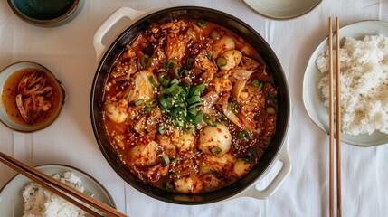 Kimchi Jjigae Korean Spicy Kimchi Stew with Rice and Chopsticks