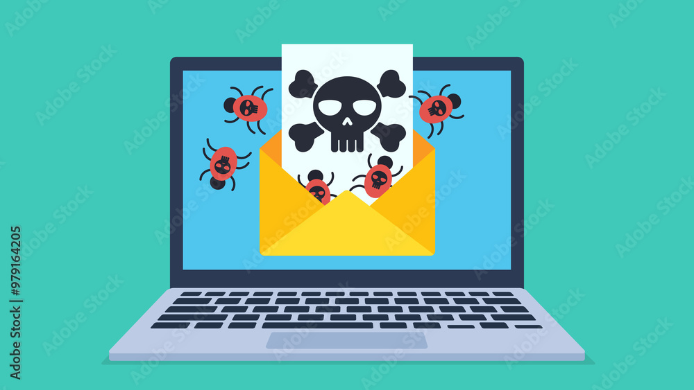 Poster illustration in flat design style. graphic of an open email envelope on a laptop screen. a skull vir