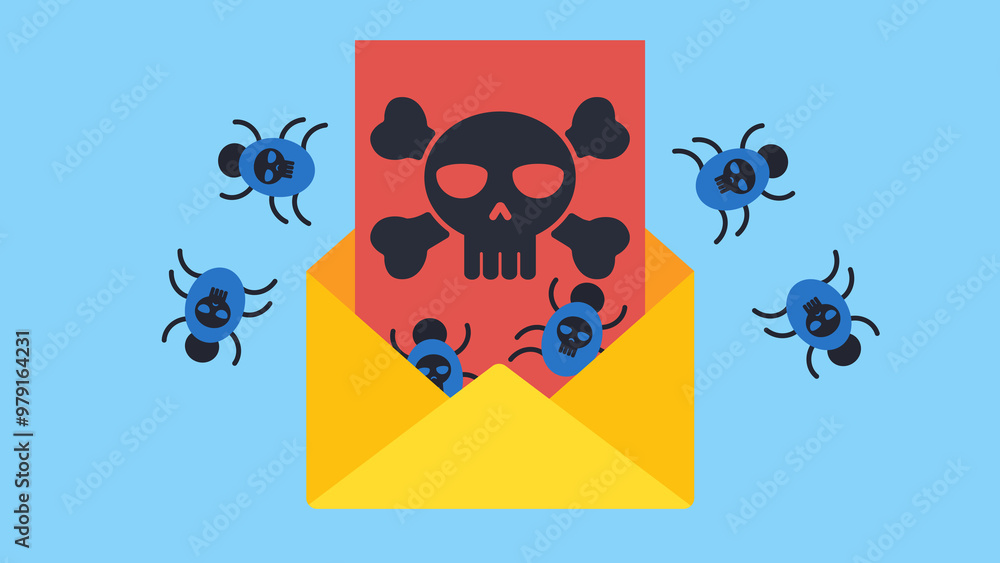 Poster illustration in flat design style. graphic of an open email envelope. a document with a skull emerge