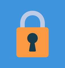 Illustration in flat design style. Colorful graphic of a closed padlock. The padlock is on a blue background. 