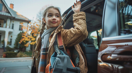 A girl stepping out of a family car, waving goodbye to someone inside as she adjusts her jacket while stepping onto the street.