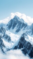 Beautiful snow-covered mountains against the blue sky. Panoramic view of a winter landscape in the highlands