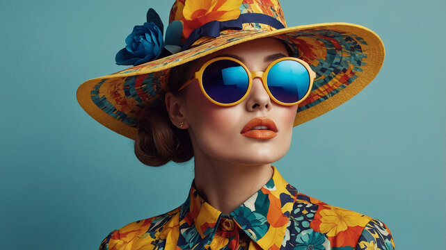Vibrant, stylized portrait of a fashionable woman wearing large, round sunglasses, a multicolored hat with a yellow flower