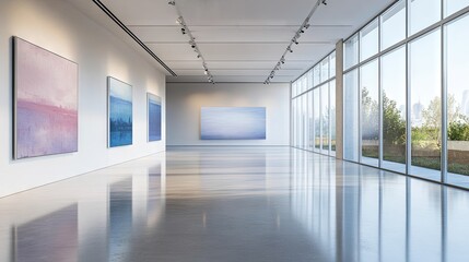 A minimalist art gallery with large paintings, polished floors, and natural light streaming through large windows, creating a tranquil