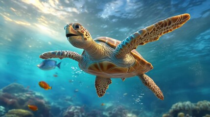 Obraz premium Underwater scene with a smiling sea turtle and colorful fish, playful cartoon look