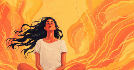 watercolor illustration, vintage postcard, Stress Awareness Day, silhouette of a thoughtful girl with long flowing hair, closed eyes, bright orange background, copy space, free space for text