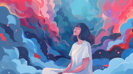 watercolor illustration, vintage postcard, Stress Awareness Day, silhouette of a thoughtful girl with long flowing hair, closed eyes, iridescent cloudy blue background, copy space, free space for text