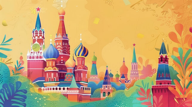 watercolor illustration, vintage postcard, National Unity Day of Russia, panoramic view of Red Square, the Kremlin, St. Basil's Cathedral, and attractions, copy space, free space for text