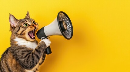 Fototapeta premium Funny Cat with Megaphone on Yellow Background