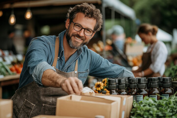 A photo of an attractive man in his mid-30s with glasses and facial hair, wearing jeans and a work apron, is arranged to add boxes of products on the table. In front, there's anoth