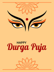 Text Happy Durga Puja and eyes of goddess on yellow background with floral frame, festive design for greeting card, banner or poster.	