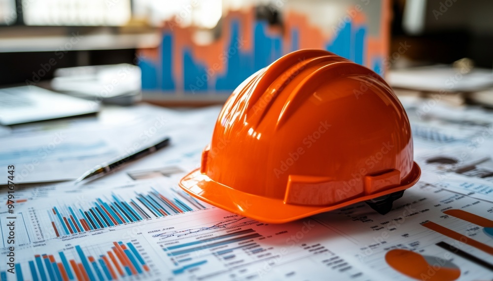 Aufkleber orange helmet, lying on some papers with graphs data charts on them.