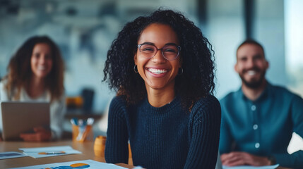 A happy business team sits at a table with graphs and documents in a modern office, laughing together while looking at the camera and smiling during a meeting or training session.