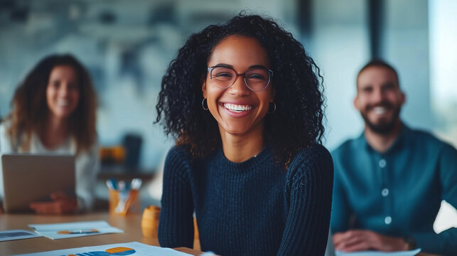 A happy business team sits at a table with graphs and documents in a modern office, laughing together while looking at the camera and smiling during a meeting or training session.