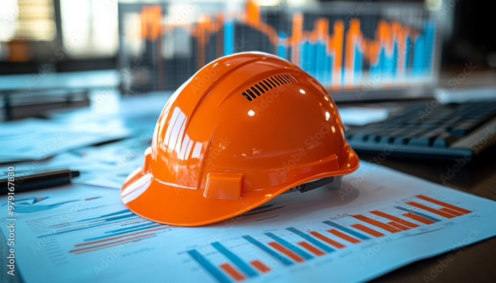 Poster orange helmet, lying on some papers with graphs data charts on them.
