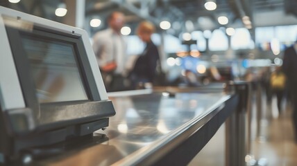Border control officer scanning passport with electronic reader at airport security checkpoint. Traveler waiting nervously. Modern terminal interior showcases high-tech security procedures and interna