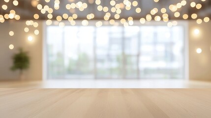 Fototapeta premium Wooden Tabletop with Blurred Bokeh Lights Background