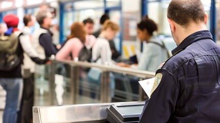 Border control officer scanning passport with electronic reader at airport security checkpoint. Traveler waiting nervously. Modern terminal interior showcases high-tech security procedures and interna