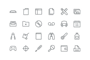 Binoculars, Book, Box, Calendar, Car, Cassette, Disc, set of icons for web design, vector illustration