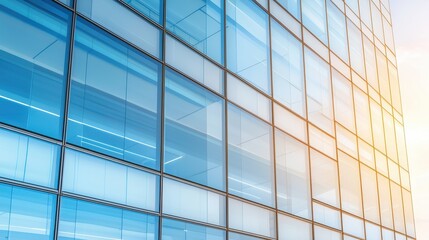 Fototapeta premium Modern Glass Building Facade with Geometric Pattern and Sunlight