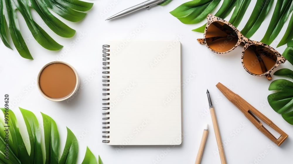 Poster Minimalistic Desk Setup with Notebook and Pen in Soft Natural Tones for Serene Workspace Ambiance