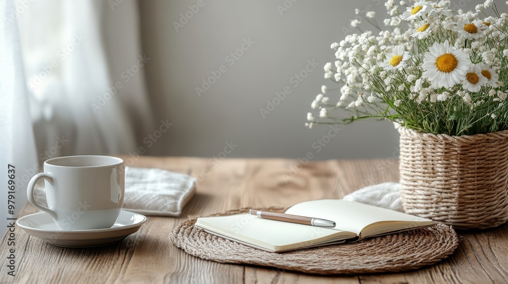 Poster Tranquil Workspace with Notebook and Pen on Tidy Desk in Soft Tones