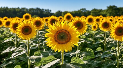 A field of sunflowers in full bloom, with the sun shining brightly in the sky.