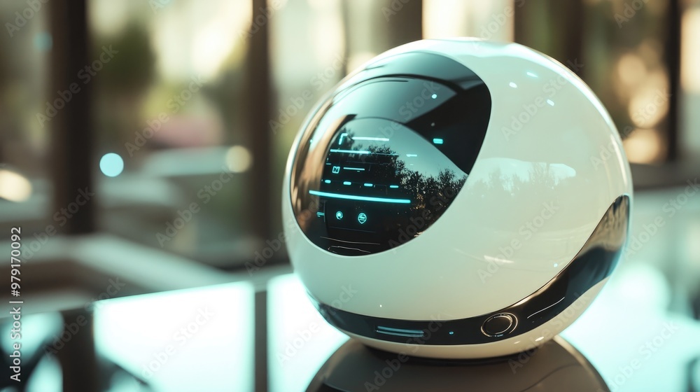 Poster a close-up of a spherical ai-powered robot, displaying its interactive interface as it manages house