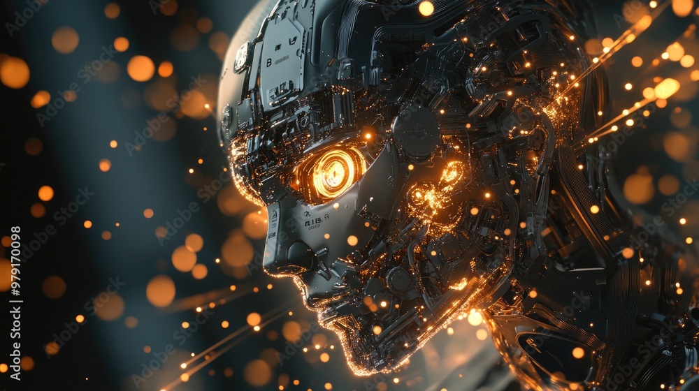 Poster a close-up of a robot's intricate gears and exposed wiring, with sparks flickering as its circuits c