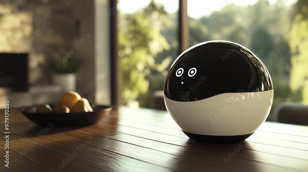 Poster a close-up of a spherical ai-powered robot, displaying its interactive interface as it manages house
