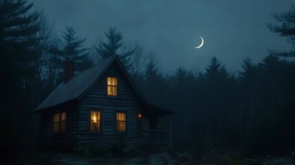 A cozy cabin with lights on in the window, shrouded in darkness and rain, illuminated by a sliver of moon in the night sky. 