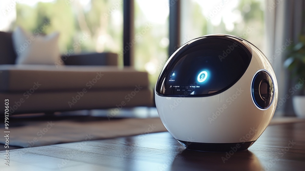 Poster a close-up of a spherical ai-powered robot, displaying its interactive interface as it manages house