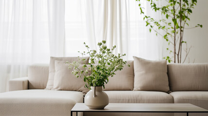 A white vase with flowers in the interior of the room on the background of a white sofa and window
