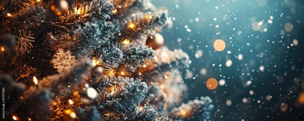 Poster a close-up of a beautifully decorated christmas tree with sparkling lights and falling snowflakes, c