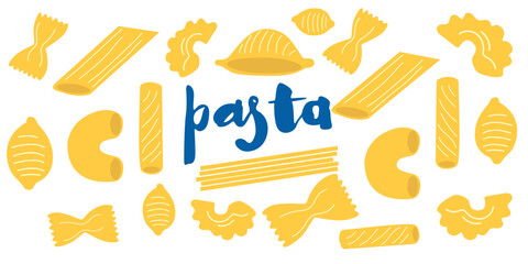 National Noodle Day. World pasta day poster. Traditional Italian food. Abstract pasta posters with Italian food for the kitchen. Macaroni of different shapes and sizes